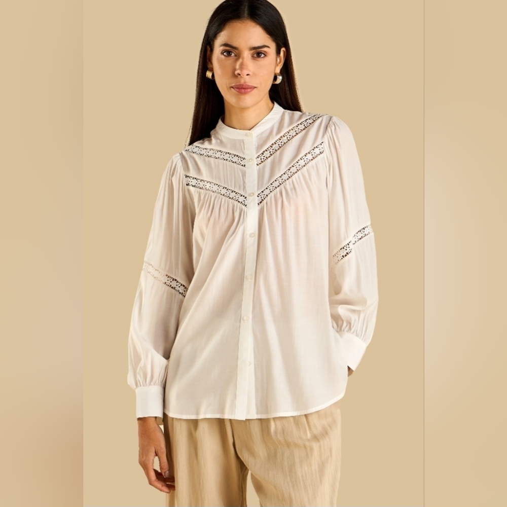 Ultra Pink White Button-Up Blouse with Lace Detail